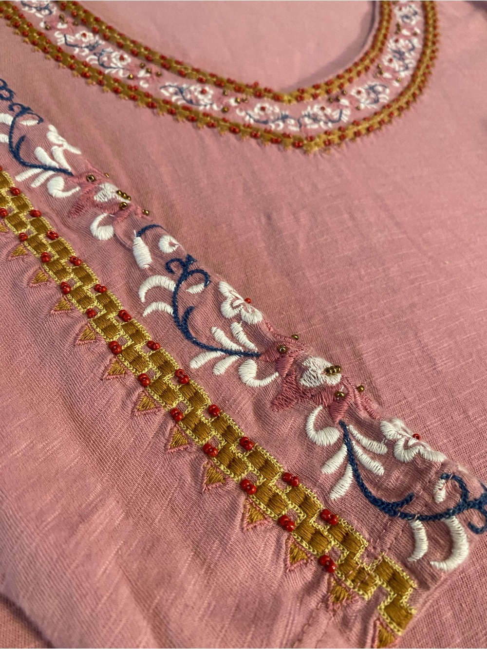 Sundance Pink Embroidered and beaded Long Sleeve Tee with Gold and Navy Accents